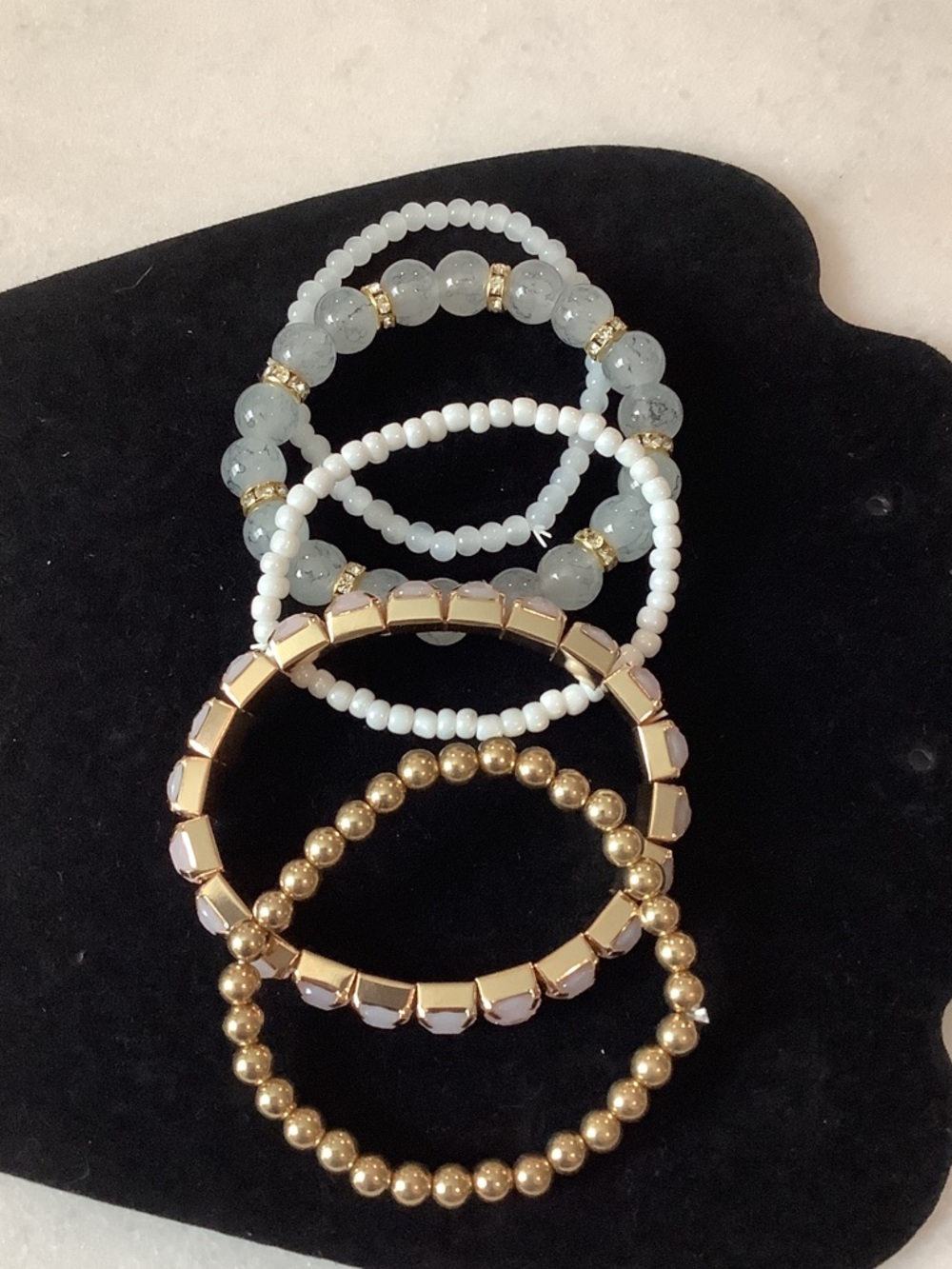Gold and Light Gray Stacked Beaded Bracelet/Bangle Set, Brand New